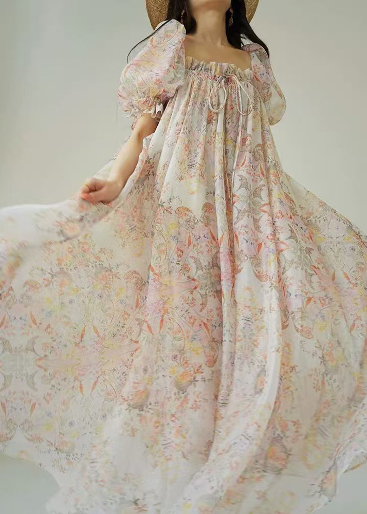 Loose Ruffled Print Lace Up Chiffon Maxi Dresses Puff Sleeve