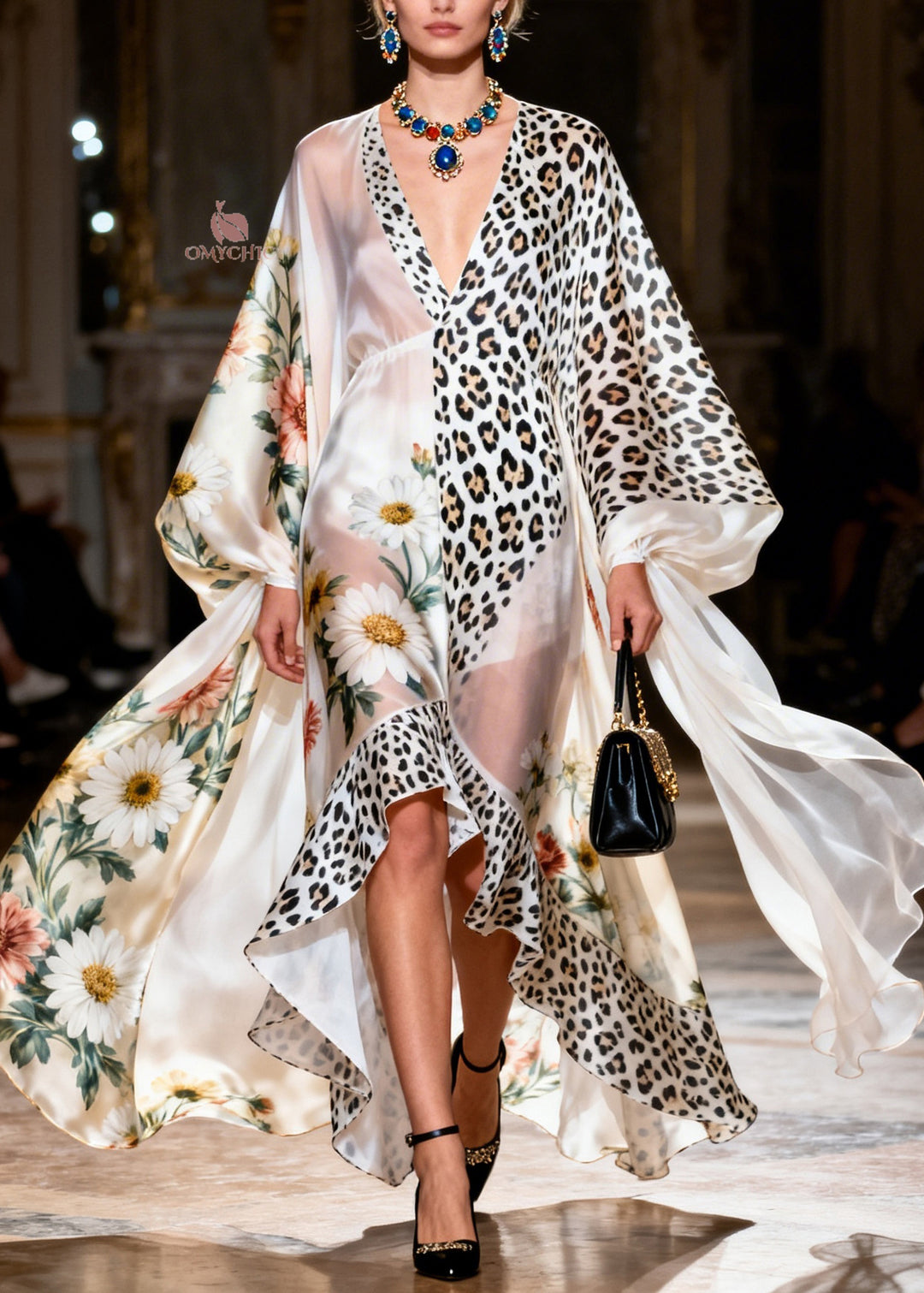 Loose Ruffled Print Patchwork Silk Maxi Dresses Summer