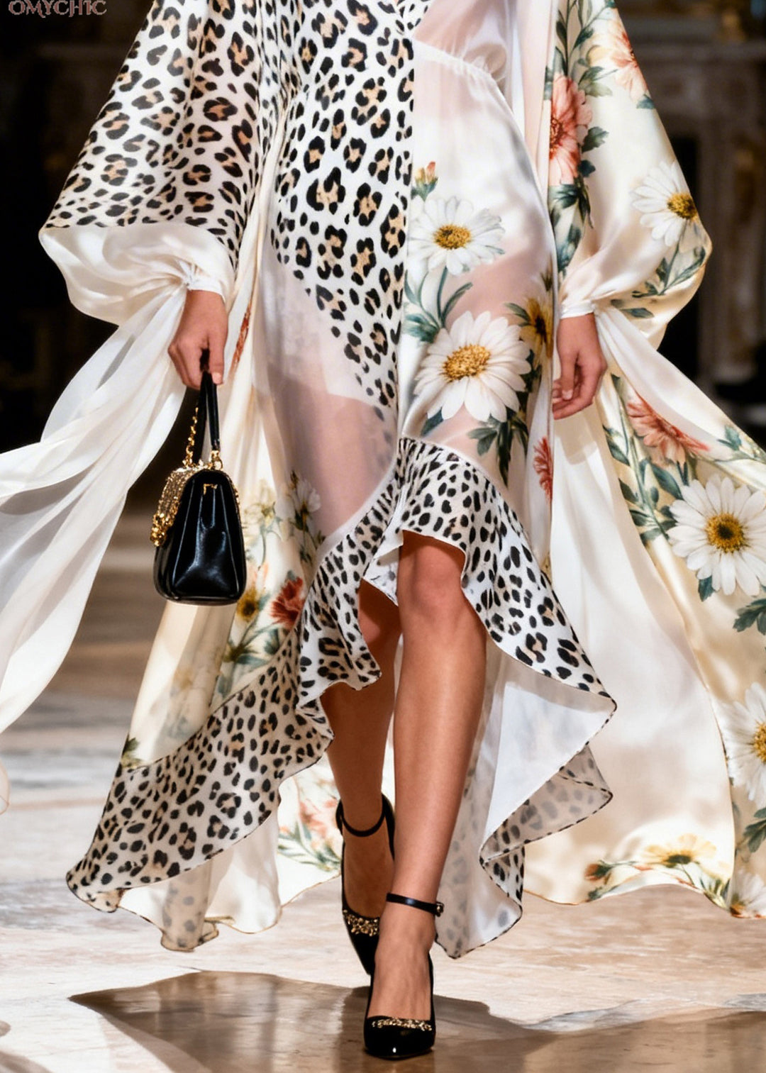 Loose Ruffled Print Patchwork Silk Maxi Dresses Summer