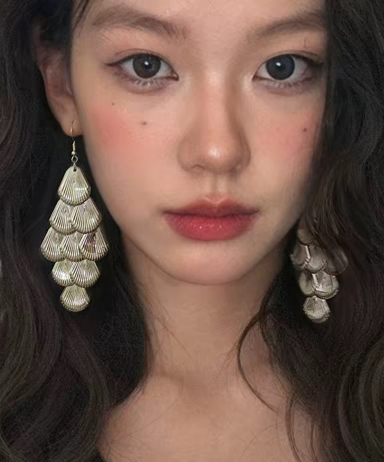 Loose Silk Metal Sequins Shell Tassel Drop Earrings