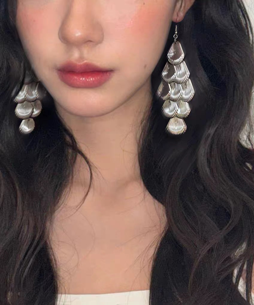 Loose Silk Metal Sequins Shell Tassel Drop Earrings