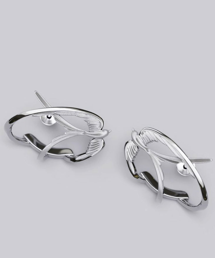 Loose Silk Sterling Silver Swallow Hollow Out Stud Earrings