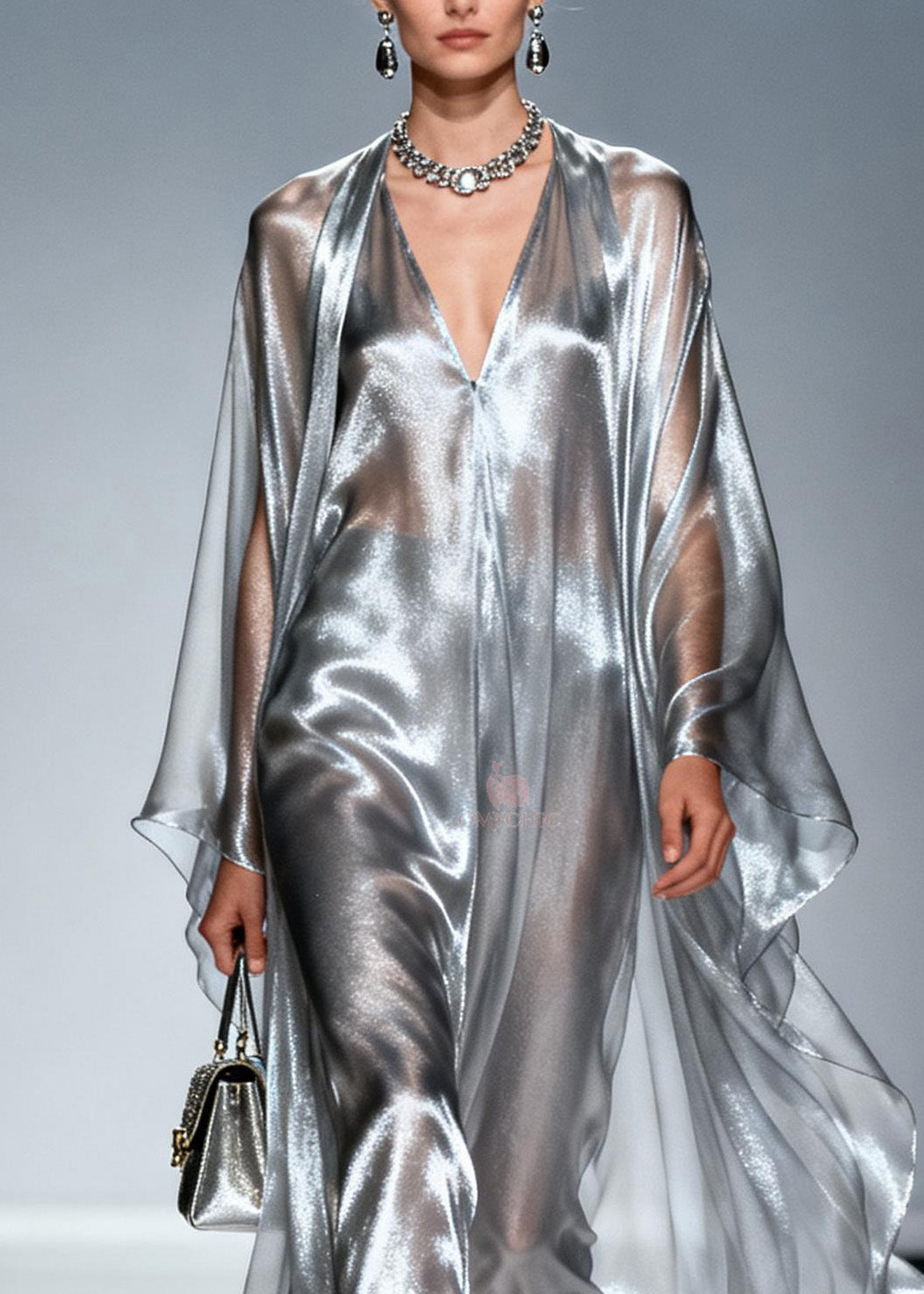 Loose Silver V Neck Asymmetrical Silk Robe Dresses Summer