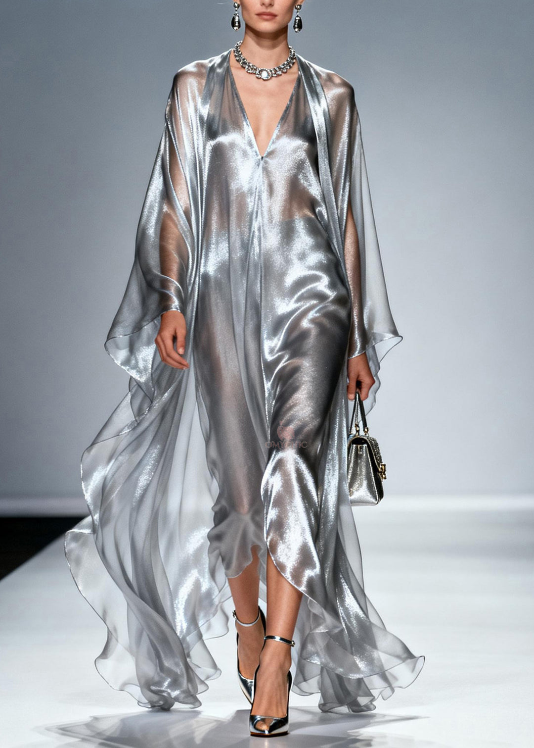 Loose Silver V Neck Asymmetrical Silk Robe Dresses Summer
