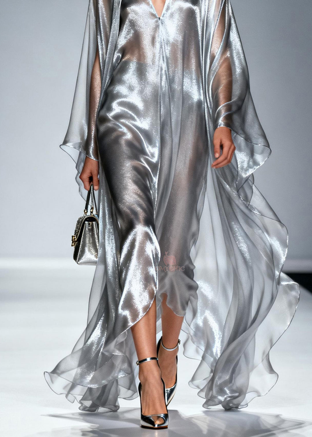 Loose Silver V Neck Asymmetrical Silk Robe Dresses Summer