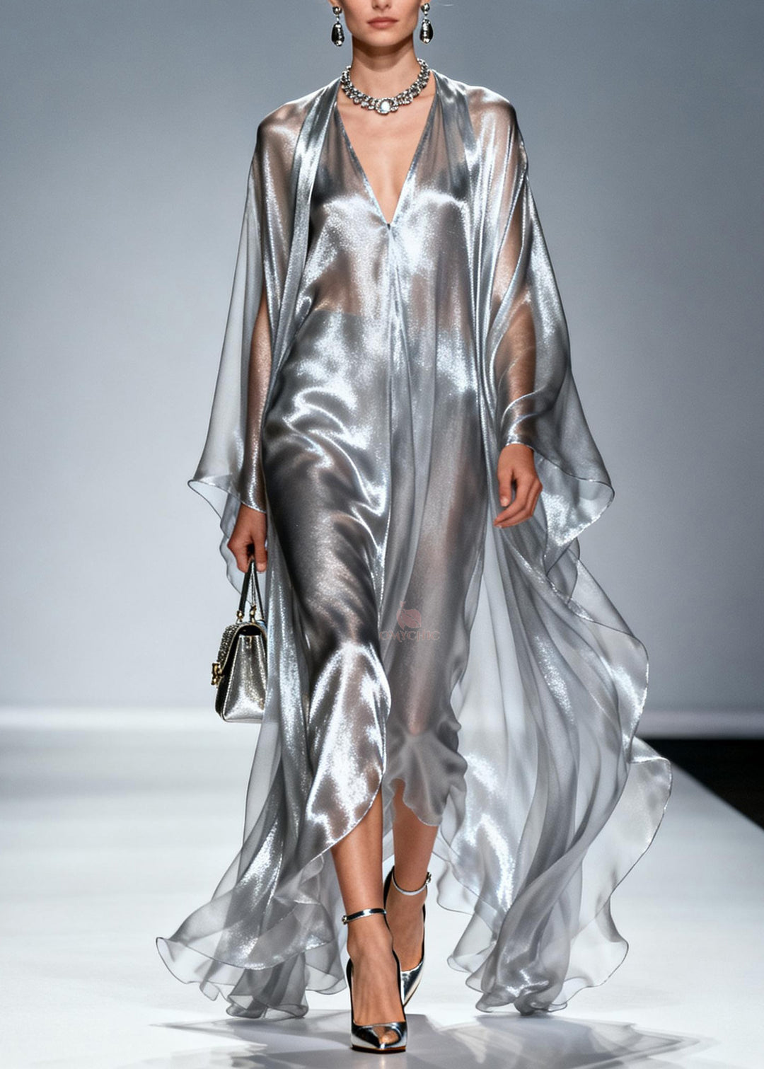 Loose Silver V Neck Asymmetrical Silk Robe Dresses Summer
