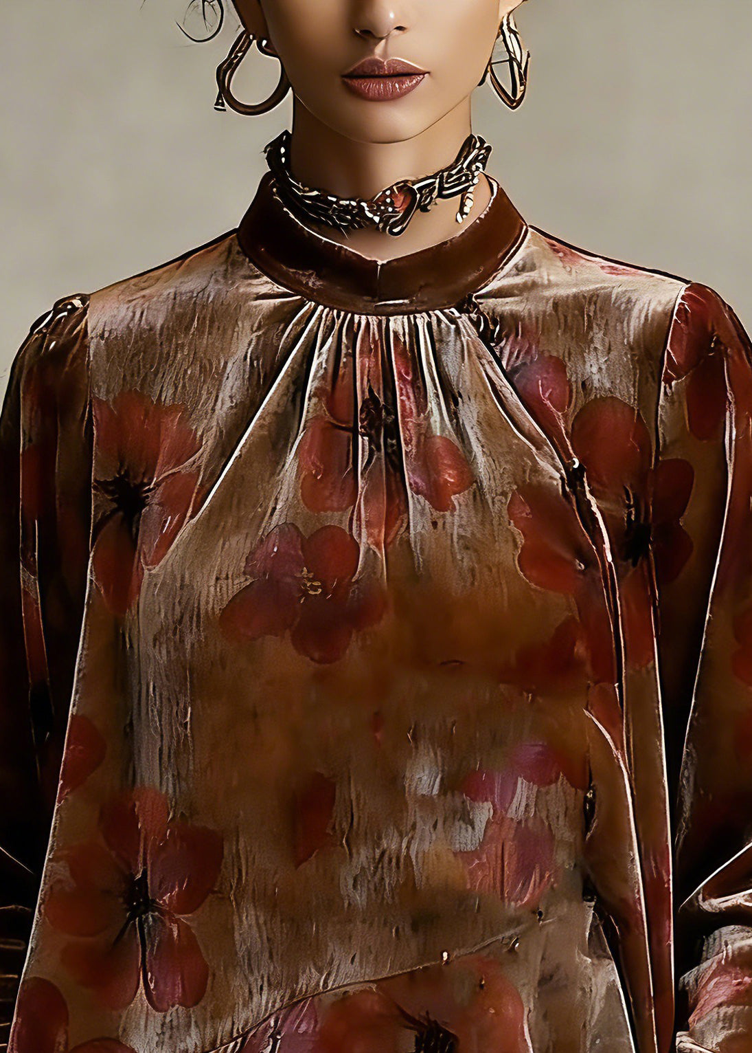 Loose Stand Collar Asymmetrical Ruffled Silk Velour Shirt Spring - Omychic