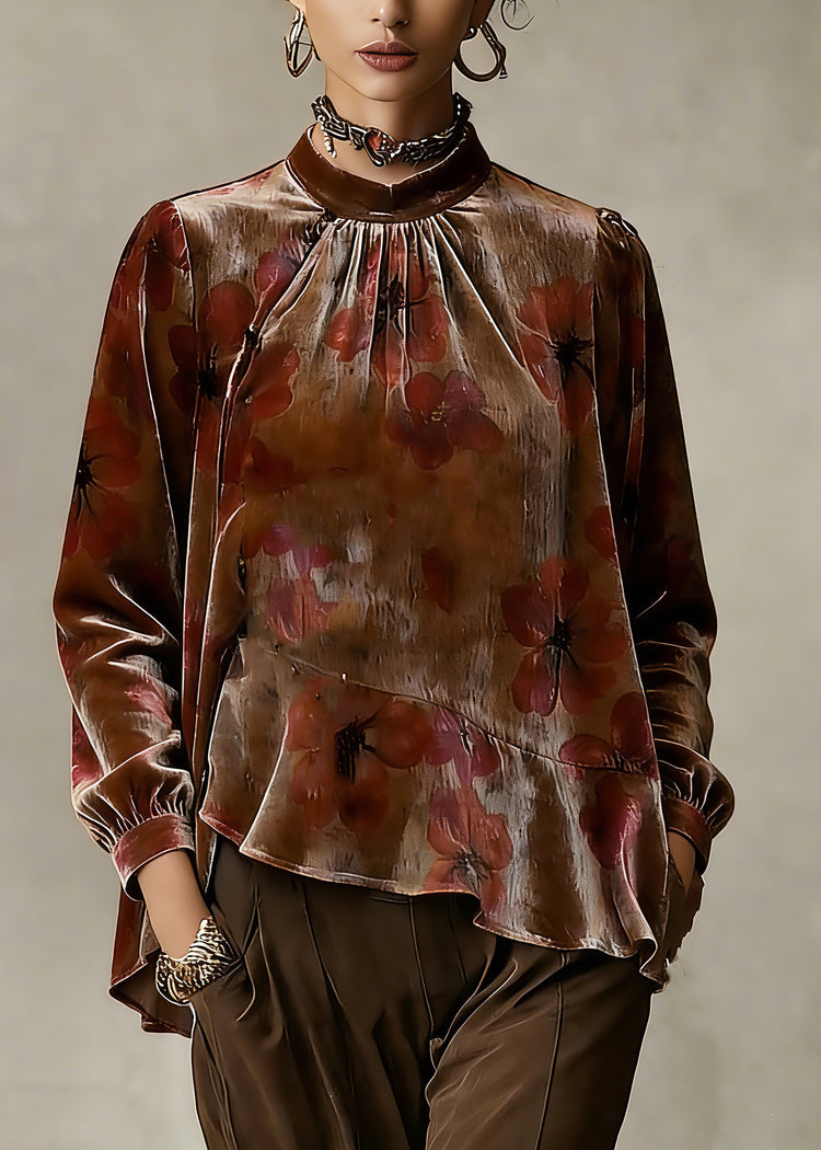 Loose Stand Collar Asymmetrical Ruffled Silk Velour Shirt Spring - Omychic