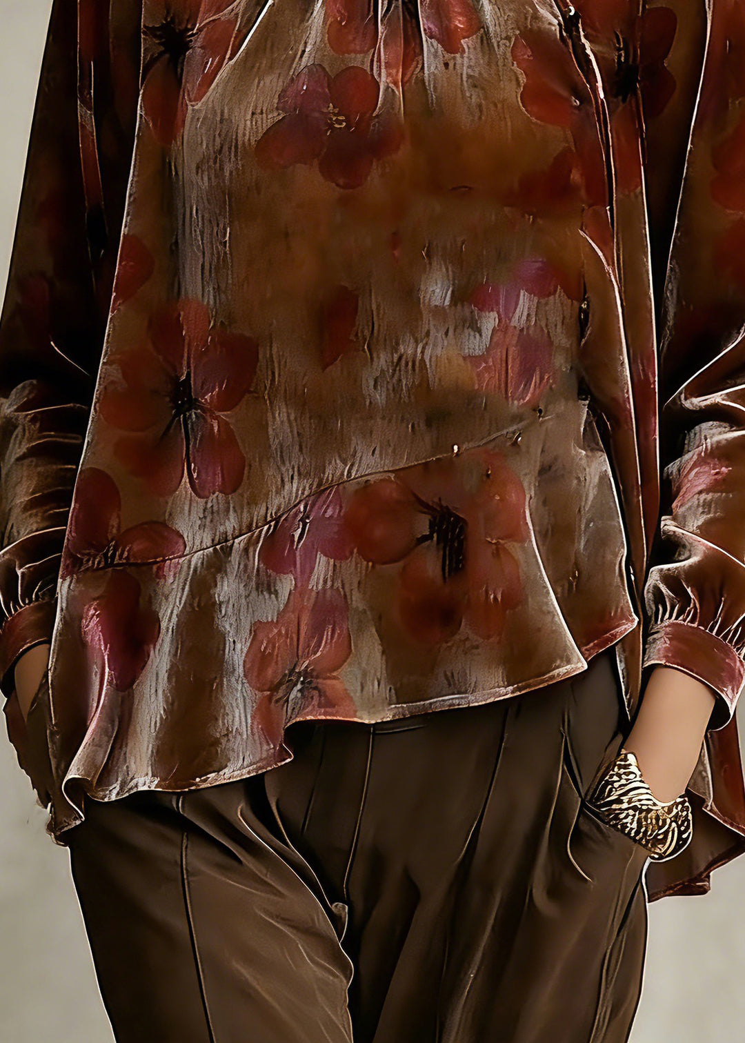 Loose Stand Collar Asymmetrical Ruffled Silk Velour Shirt Spring - Omychic