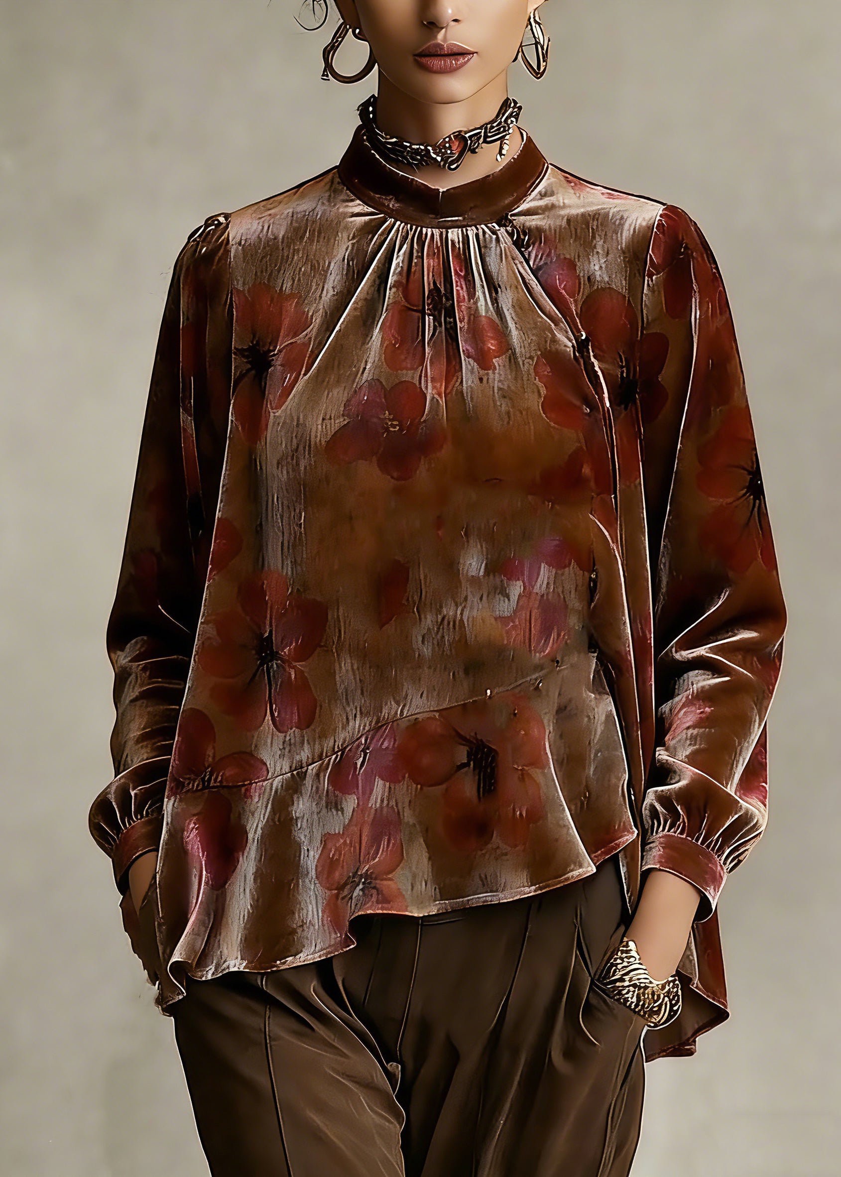 Loose Stand Collar Asymmetrical Ruffled Silk Velour Shirt Spring - Omychic