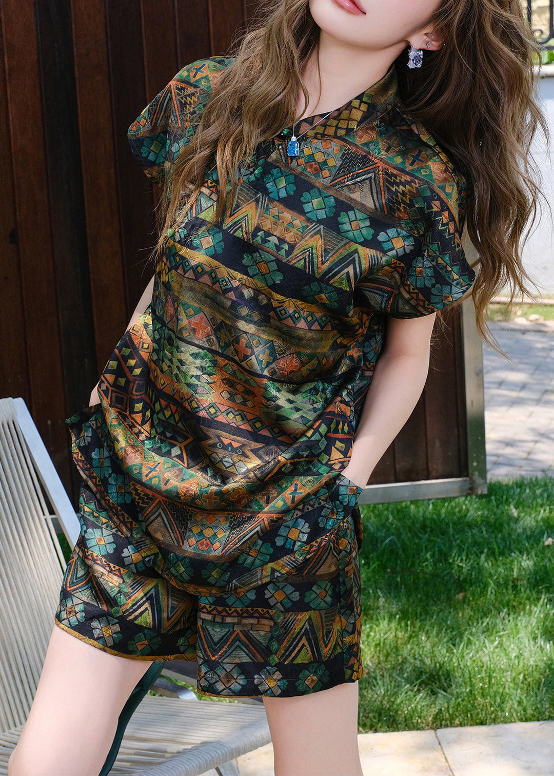Loose Stand Collar Print Tops And Shorts Silk Two Piece Set Summer