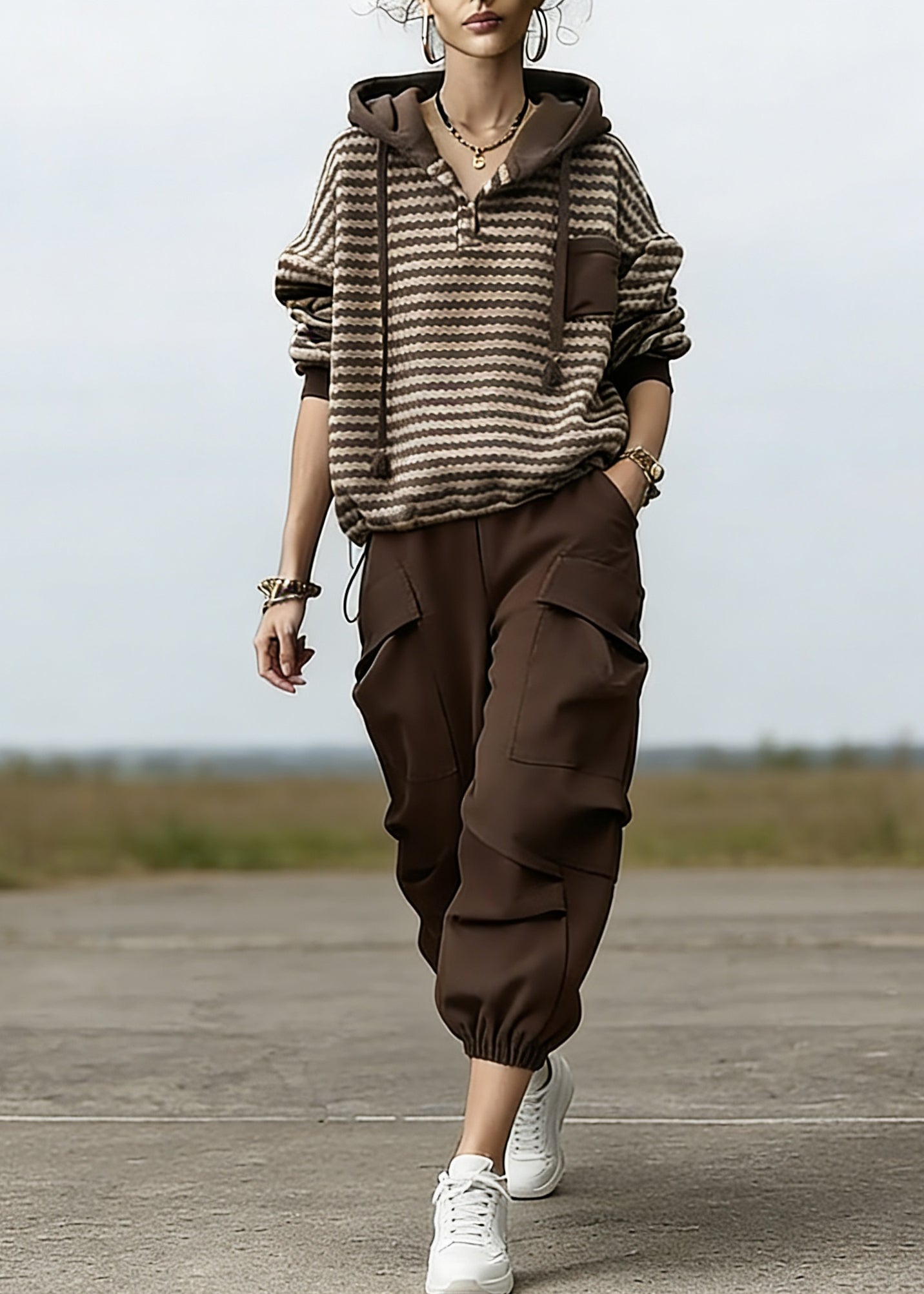 Loose Striped Drawstring Hooded Sweatshirt And Beam Pants Two Piece Set Spring - Omychic