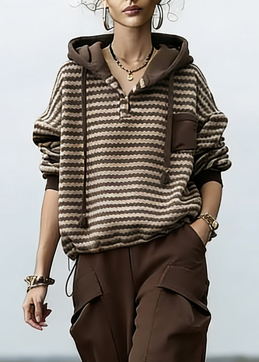 Loose Striped Drawstring Hooded Sweatshirt And Beam Pants Two Piece Set Spring - Omychic