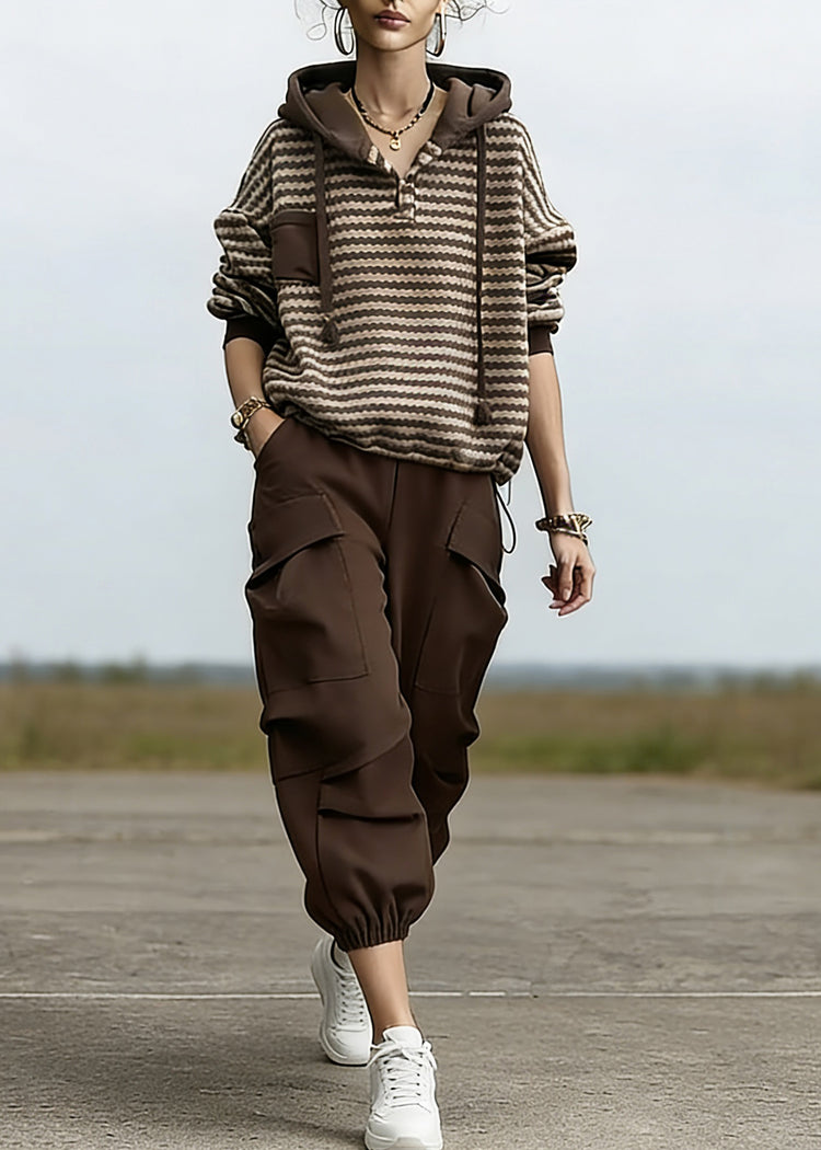 Loose Striped Drawstring Hooded Sweatshirt And Beam Pants Two Piece Set Spring - Omychic