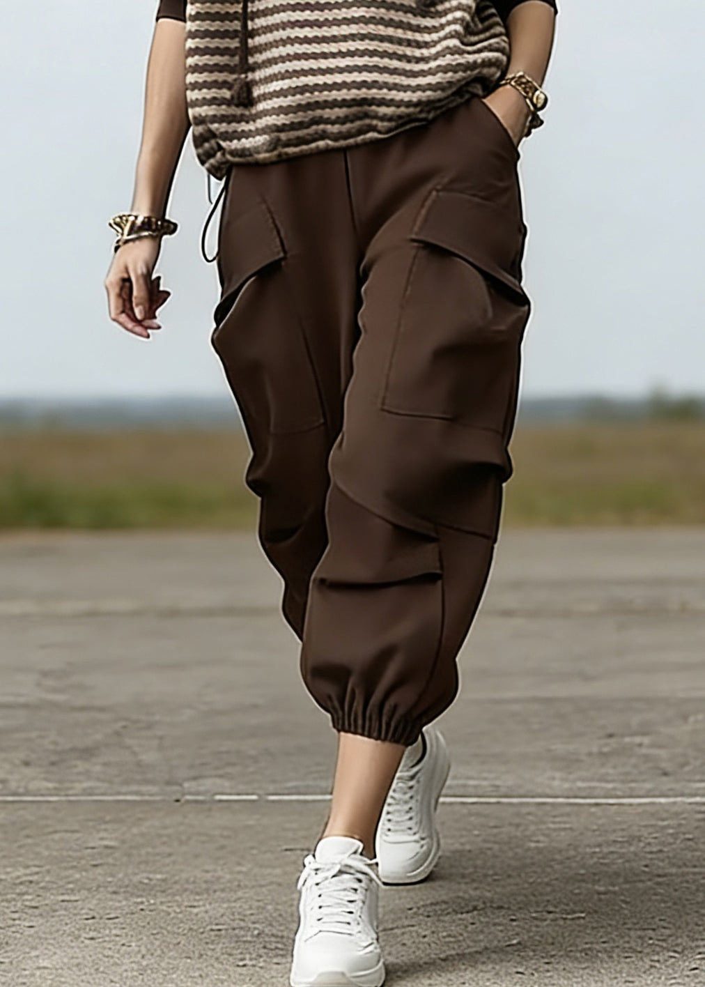 Loose Striped Drawstring Hooded Sweatshirt And Beam Pants Two Piece Set Spring - Omychic