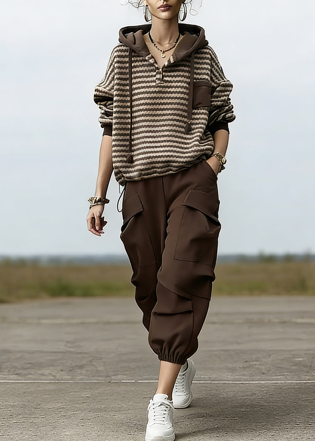 Loose Striped Drawstring Hooded Sweatshirt And Beam Pants Two Piece Set Spring - Omychic