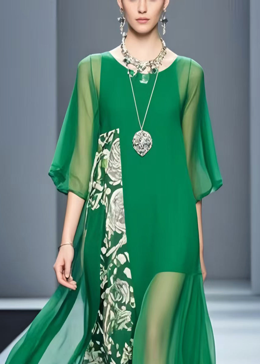 Loose Tea Green Asymmetrical Patchwork Chiffon Dress Summer