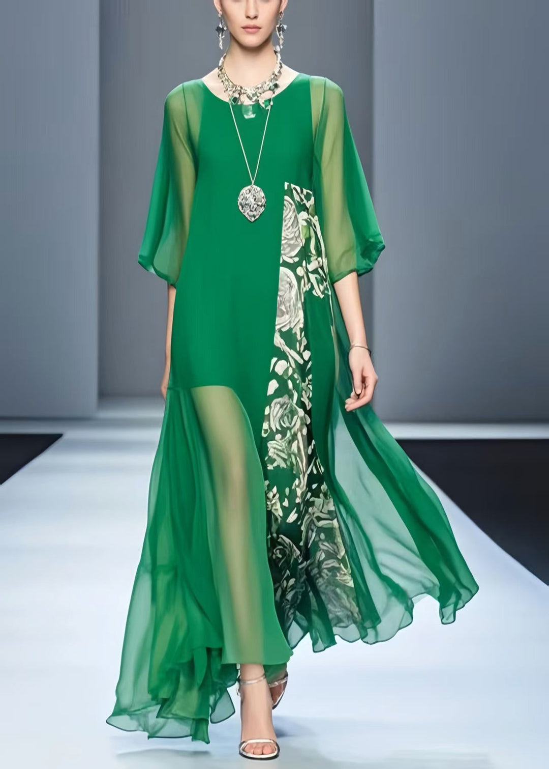 Loose Tea Green Asymmetrical Patchwork Chiffon Dress Summer