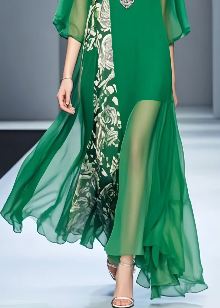 Loose Tea Green Asymmetrical Patchwork Chiffon Dress Summer