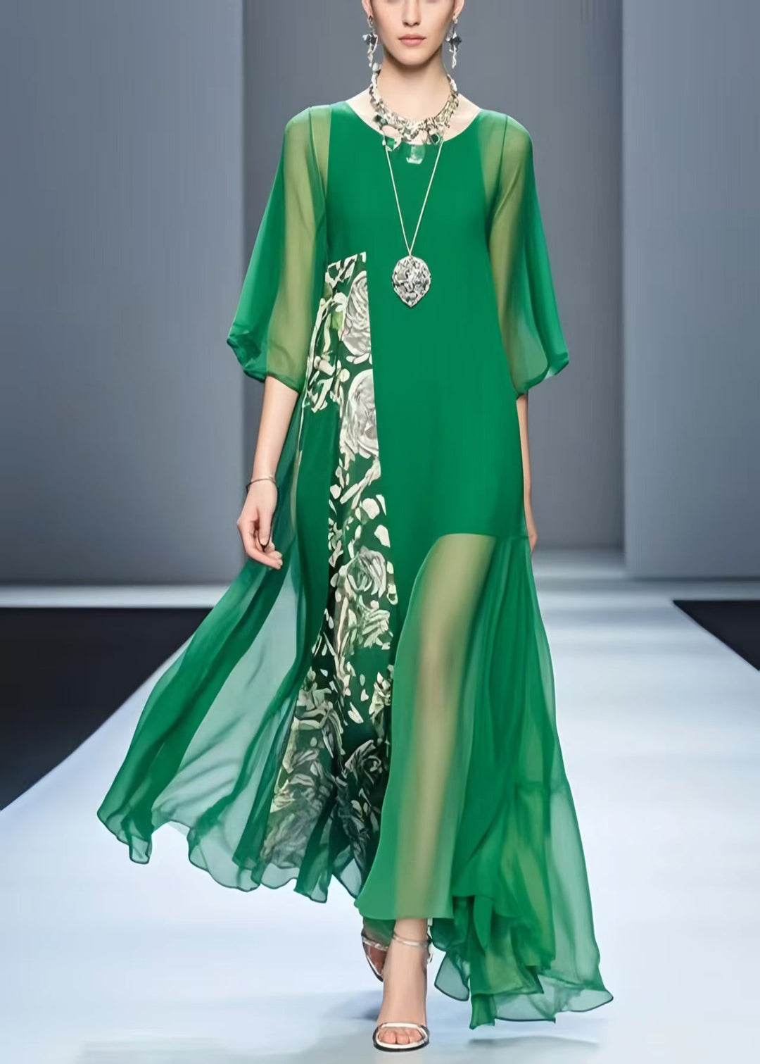 Loose Tea Green Asymmetrical Patchwork Chiffon Dress Summer