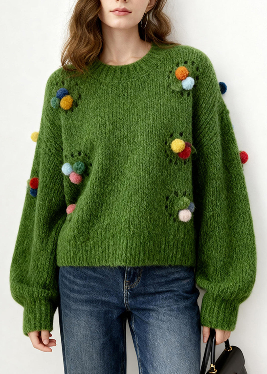 Loose Tea Green Fuzzy Ball Decorated Hollow Out Knit Pullover Winter