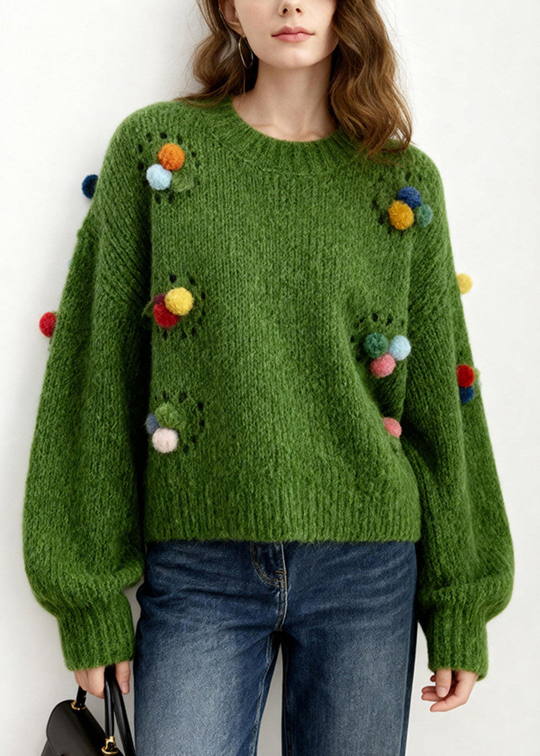 Loose Tea Green Fuzzy Ball Decorated Hollow Out Knit Pullover Winter