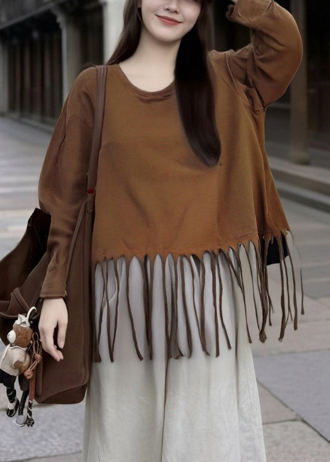 Loose Turmeric Tasseled Solid Cotton T Shirt Spring