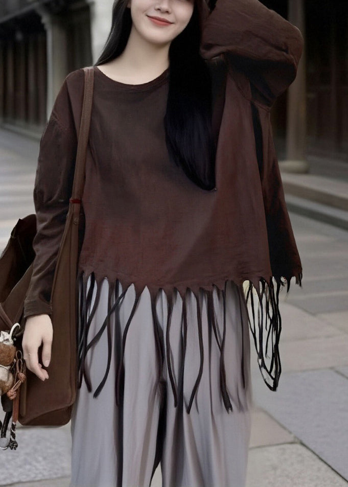 Loose Turmeric Tasseled Solid Cotton T Shirt Spring