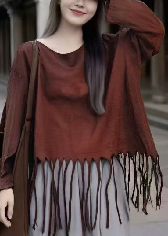 Loose Turmeric Tasseled Solid Cotton T Shirt Spring