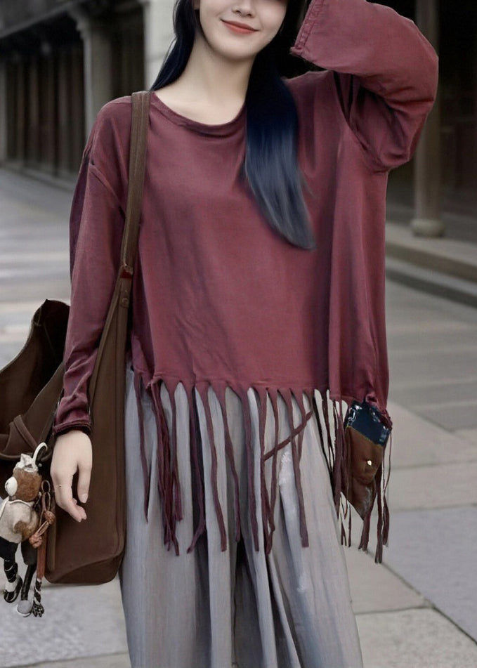 Loose Turmeric Tasseled Solid Cotton T Shirt Spring