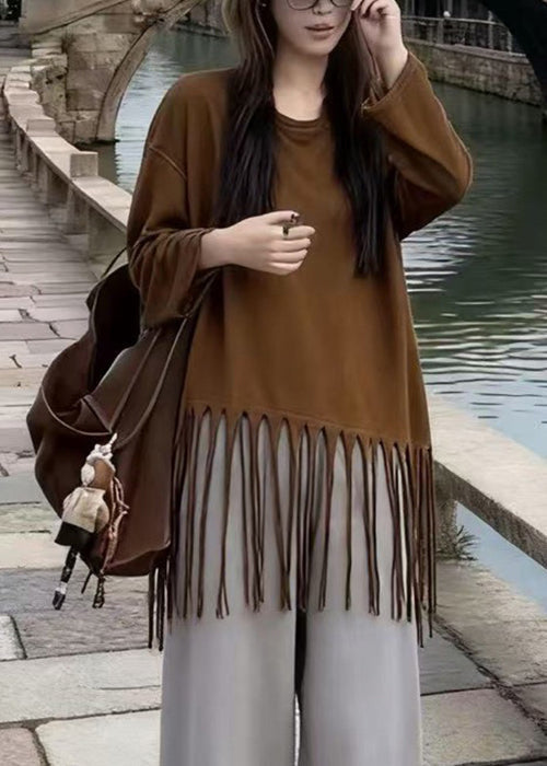 Loose Turmeric Tasseled Solid Cotton T Shirt Spring