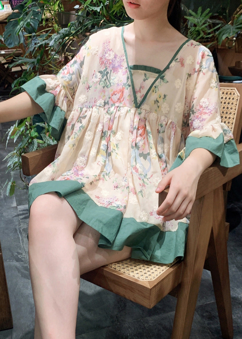Loose V Neck Embroidered Cotton Shirt Tops Butterfly Sleeve