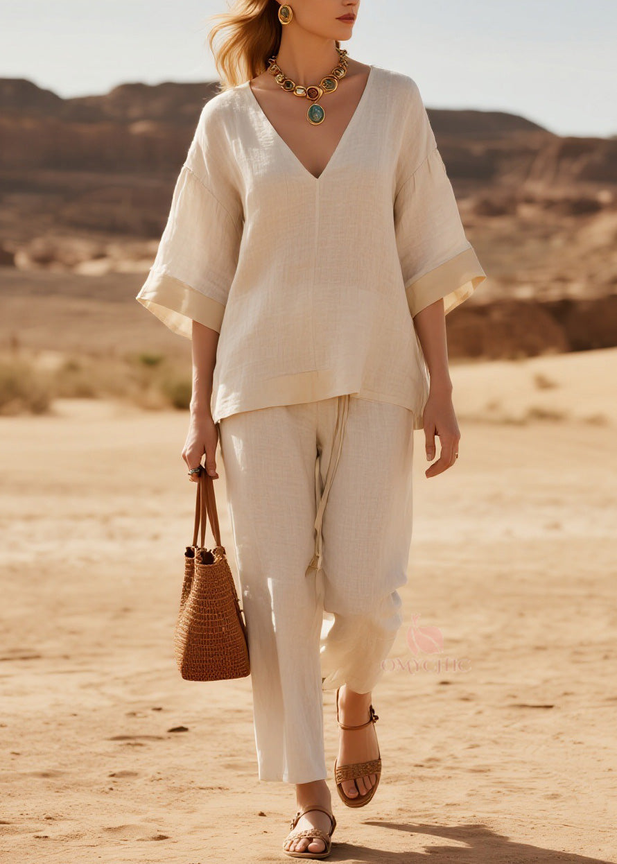 Loose V Neck Patchwork Casual Linen Two Piece Suit Set Summer
