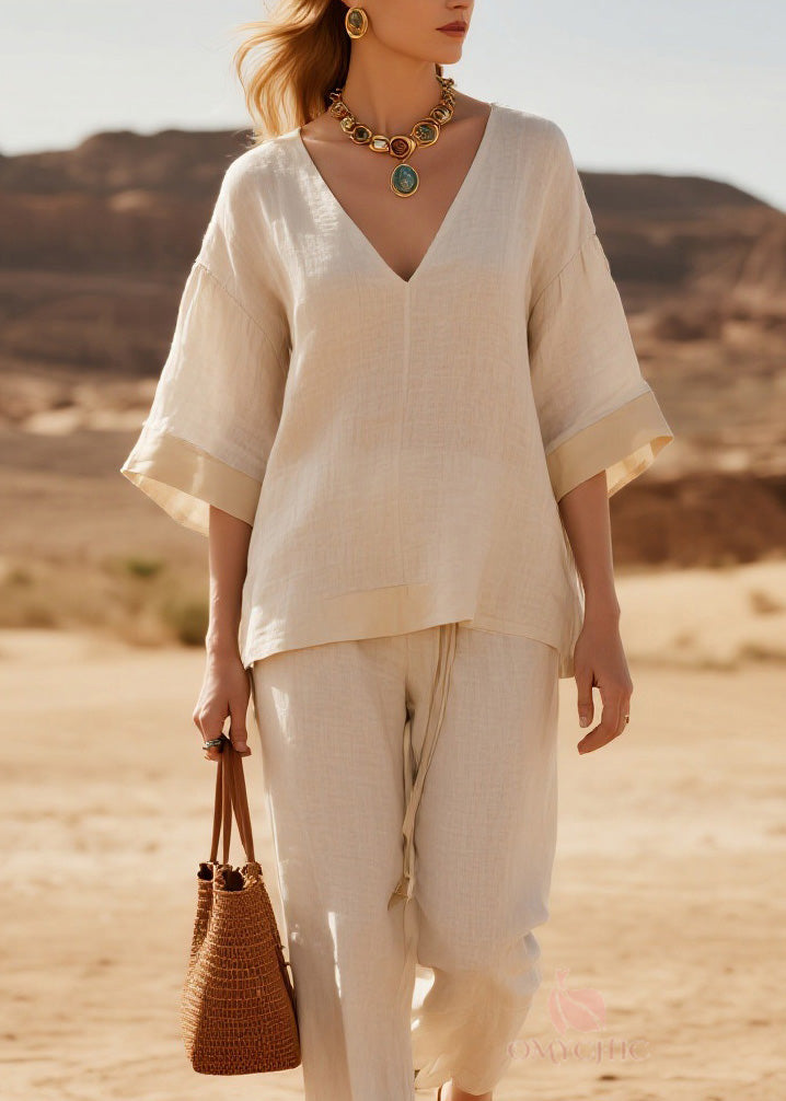 Loose V Neck Patchwork Casual Linen Two Piece Suit Set Summer