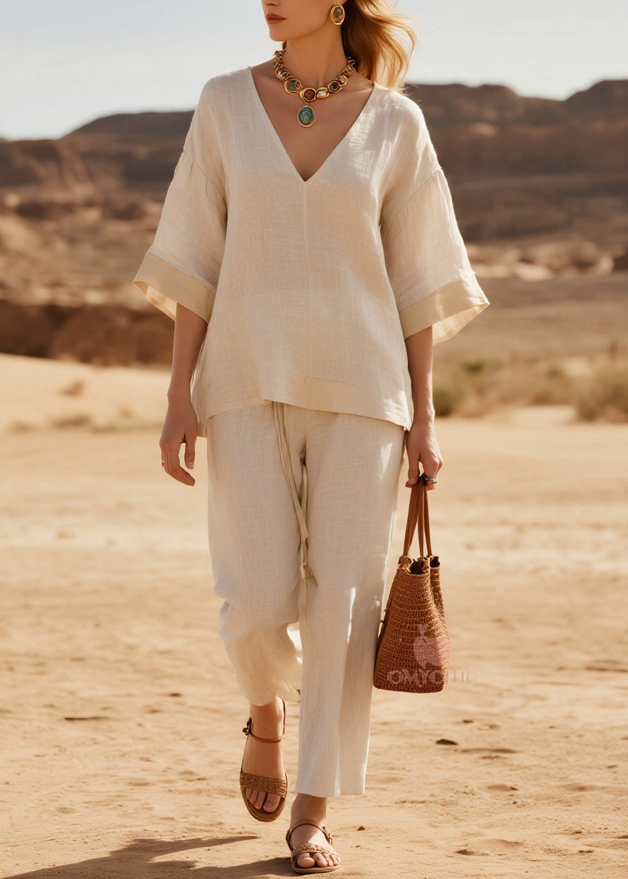Loose V Neck Patchwork Casual Linen Two Piece Suit Set Summer