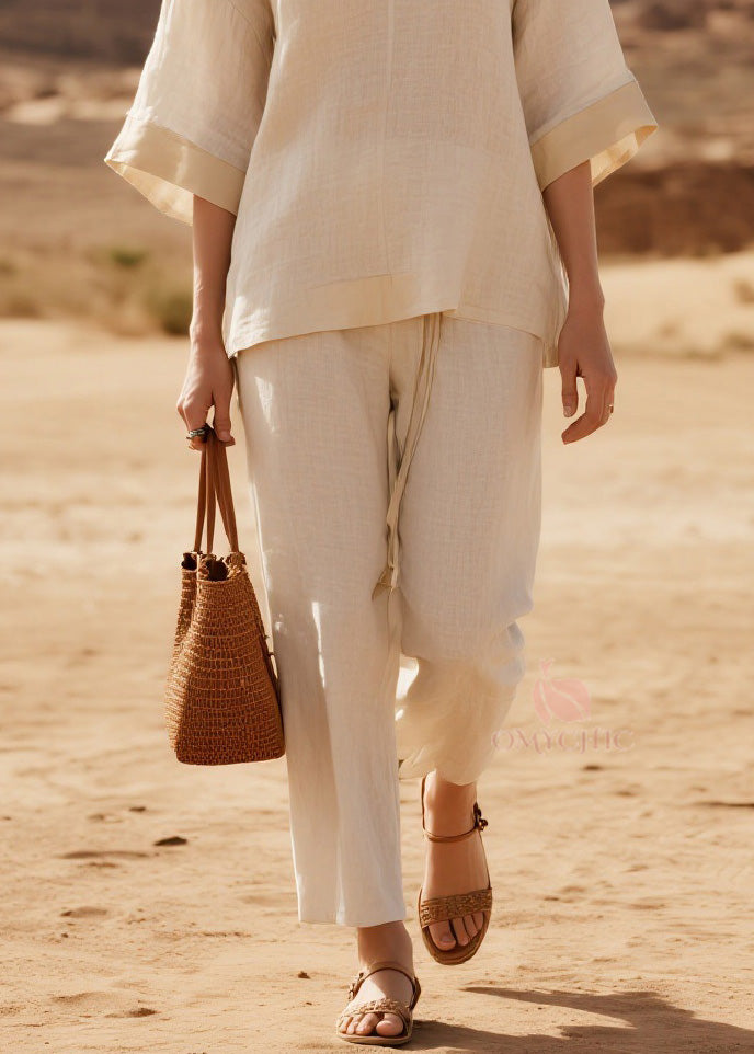 Loose V Neck Patchwork Casual Linen Two Piece Suit Set Summer