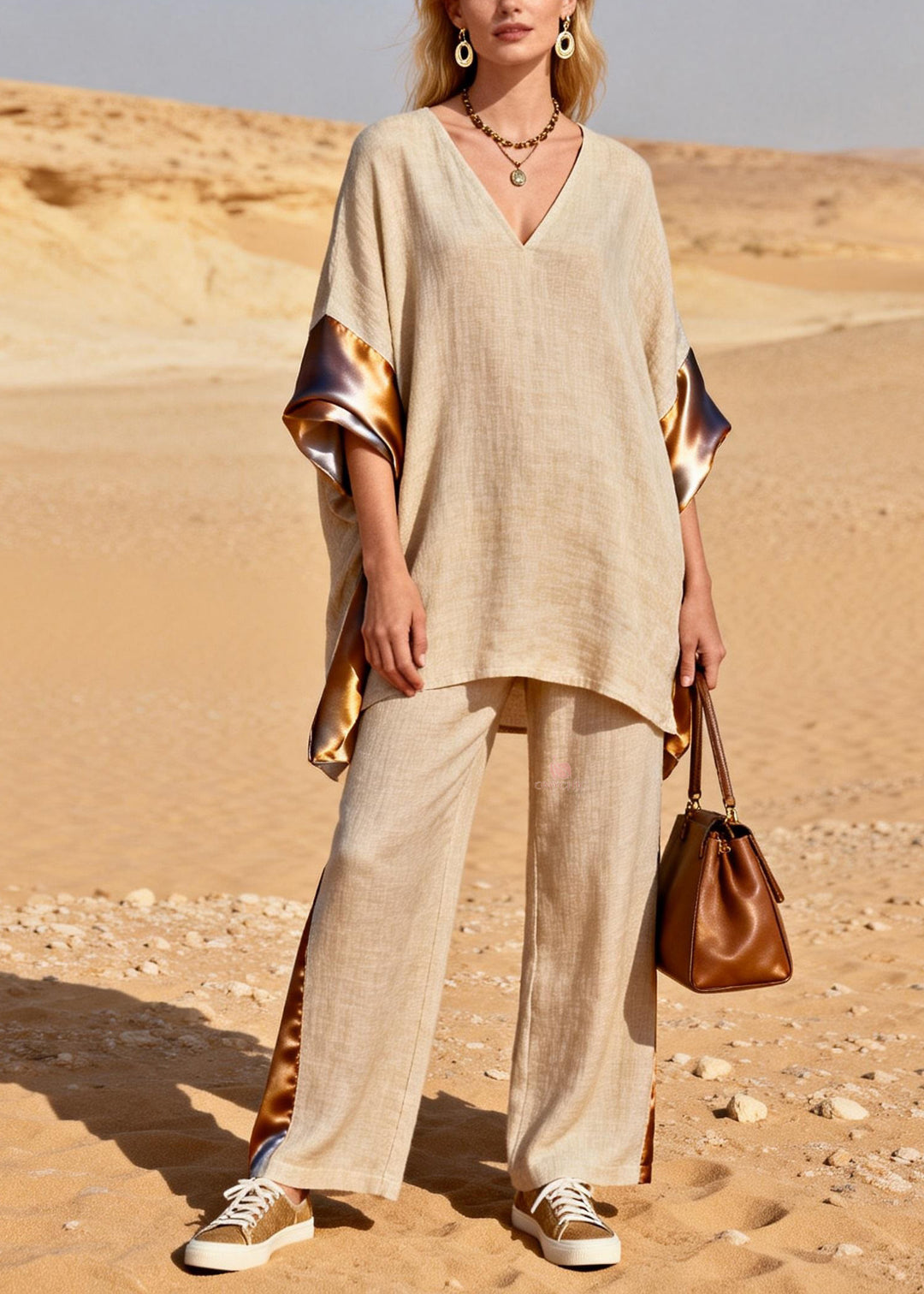 Loose V Neck Patchwork Linen Silk Two Pieces Set Summer