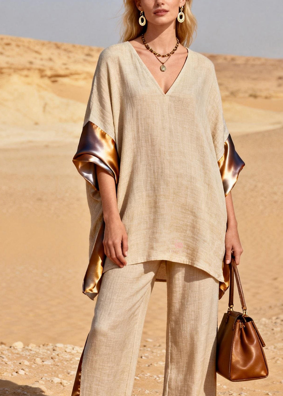 Loose V Neck Patchwork Linen Silk Two Pieces Set Summer