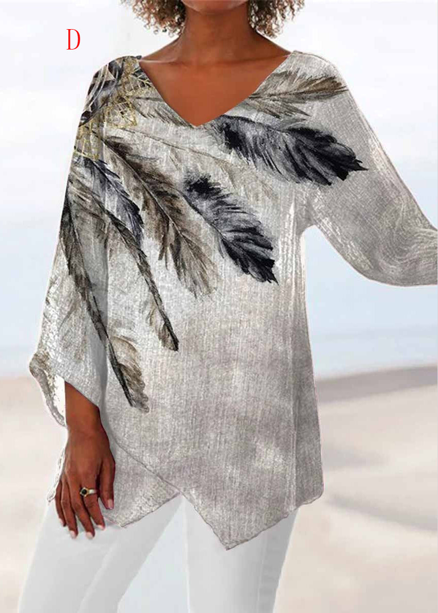 Loose V Neck Print Asymmetrical Design Cotton Top Summer