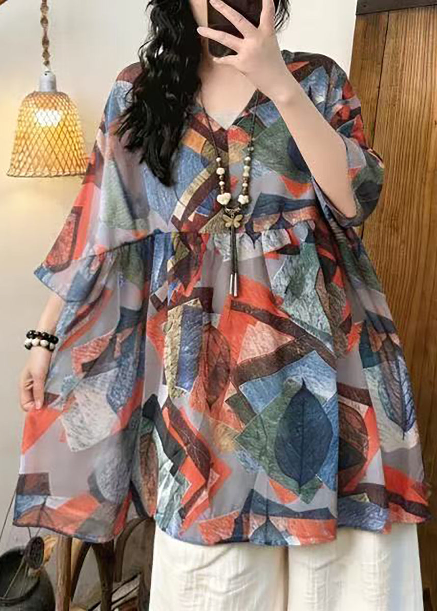 Loose V Neck Print Chiffon Shirt Tops Summer
