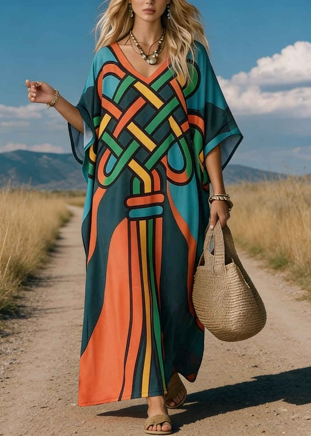 Loose V Neck Print Cotton Maxi Dresses Batwing Sleeve