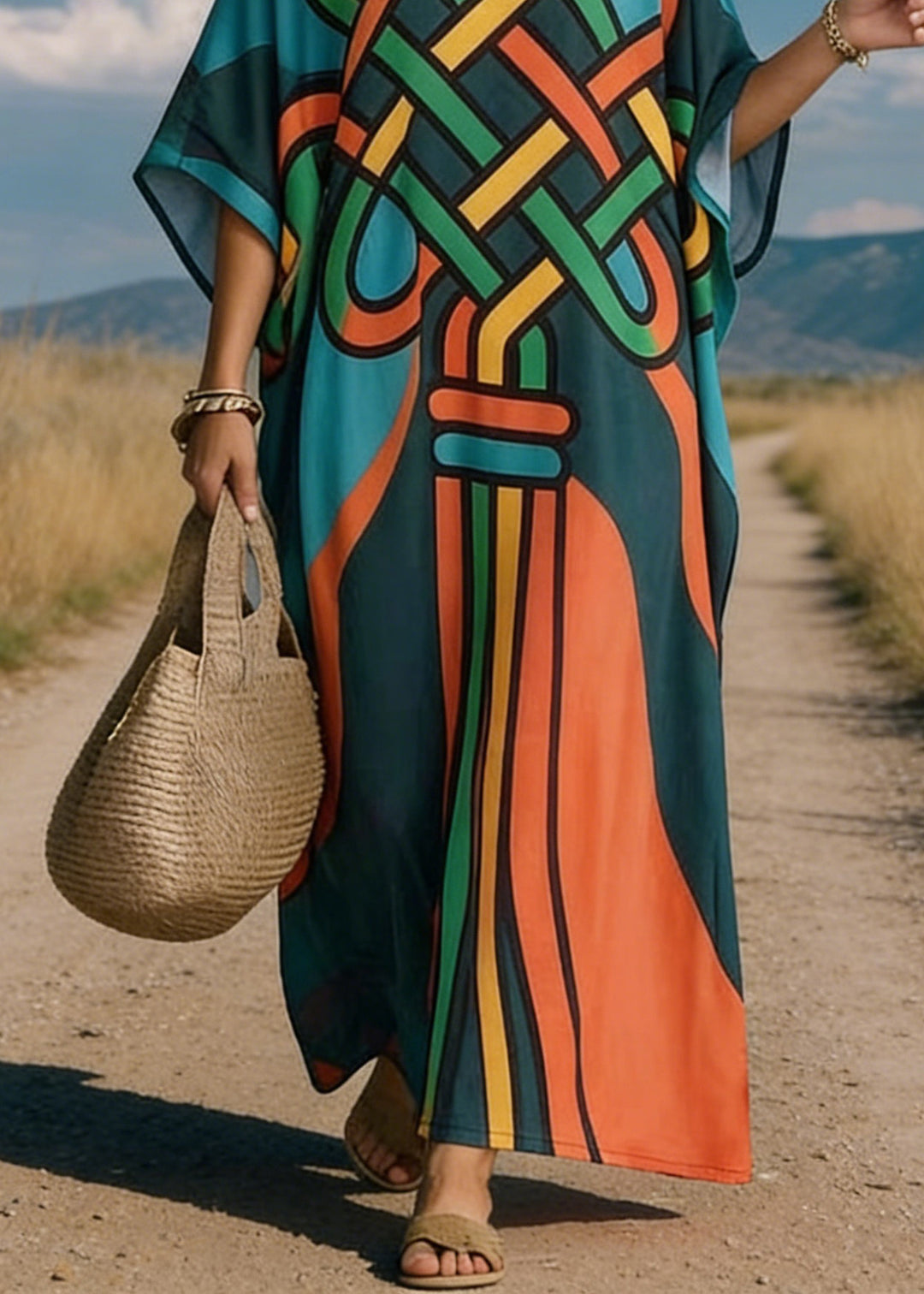 Loose V Neck Print Cotton Maxi Dresses Batwing Sleeve