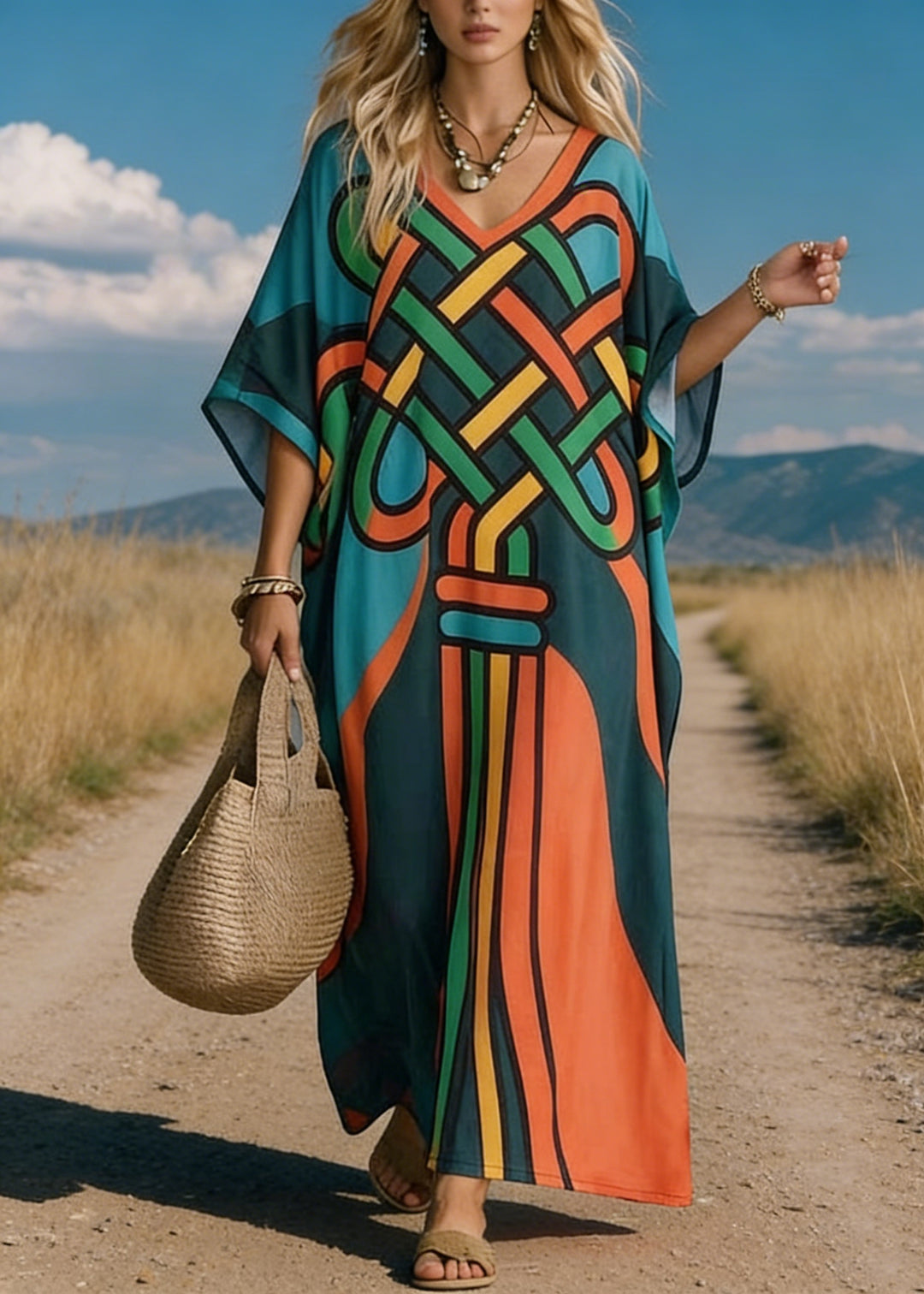 Loose V Neck Print Cotton Maxi Dresses Batwing Sleeve