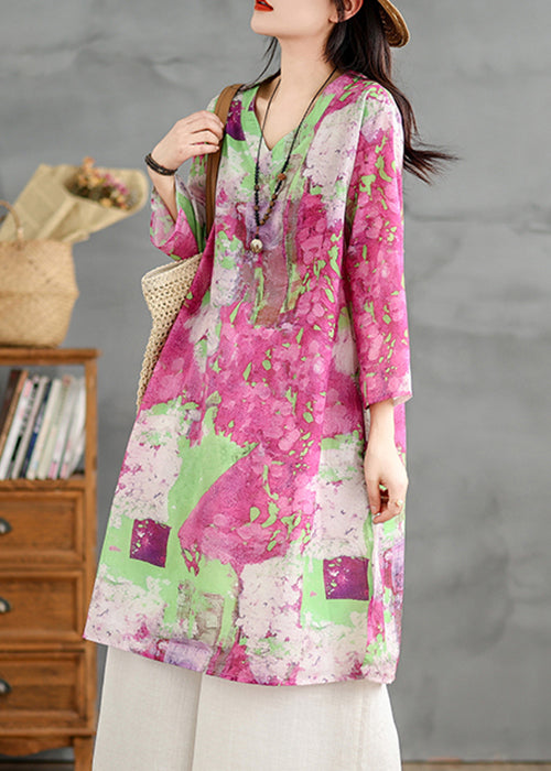 Loose V Neck Print Cotton Shirts Dress Bracelet Sleeve