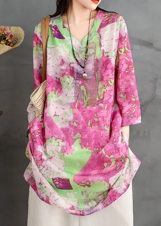 Loose V Neck Print Cotton Shirts Dress Bracelet Sleeve