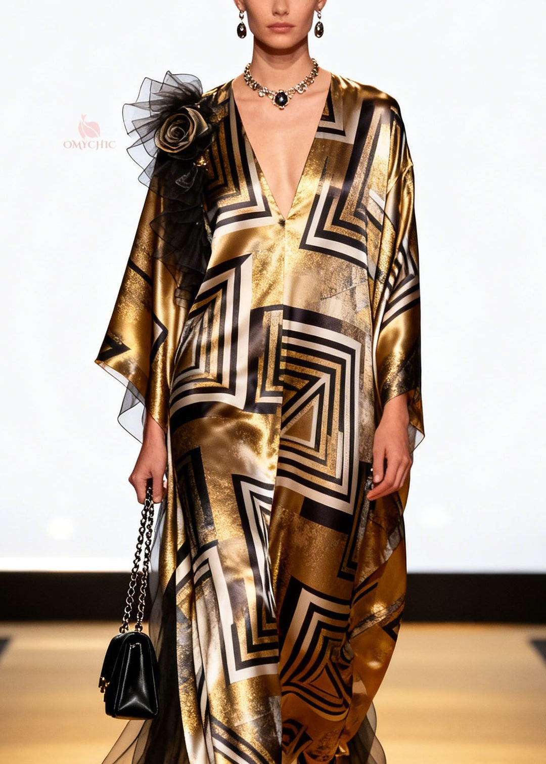 Loose V Neck Print Floral Patchwork Silk Long Dress Spring