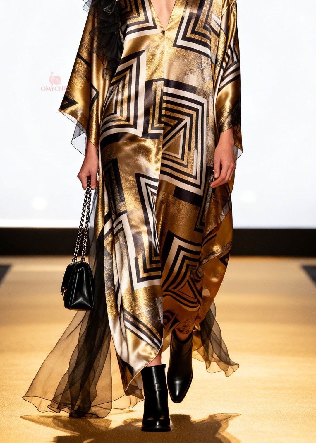 Loose V Neck Print Floral Patchwork Silk Long Dress Spring