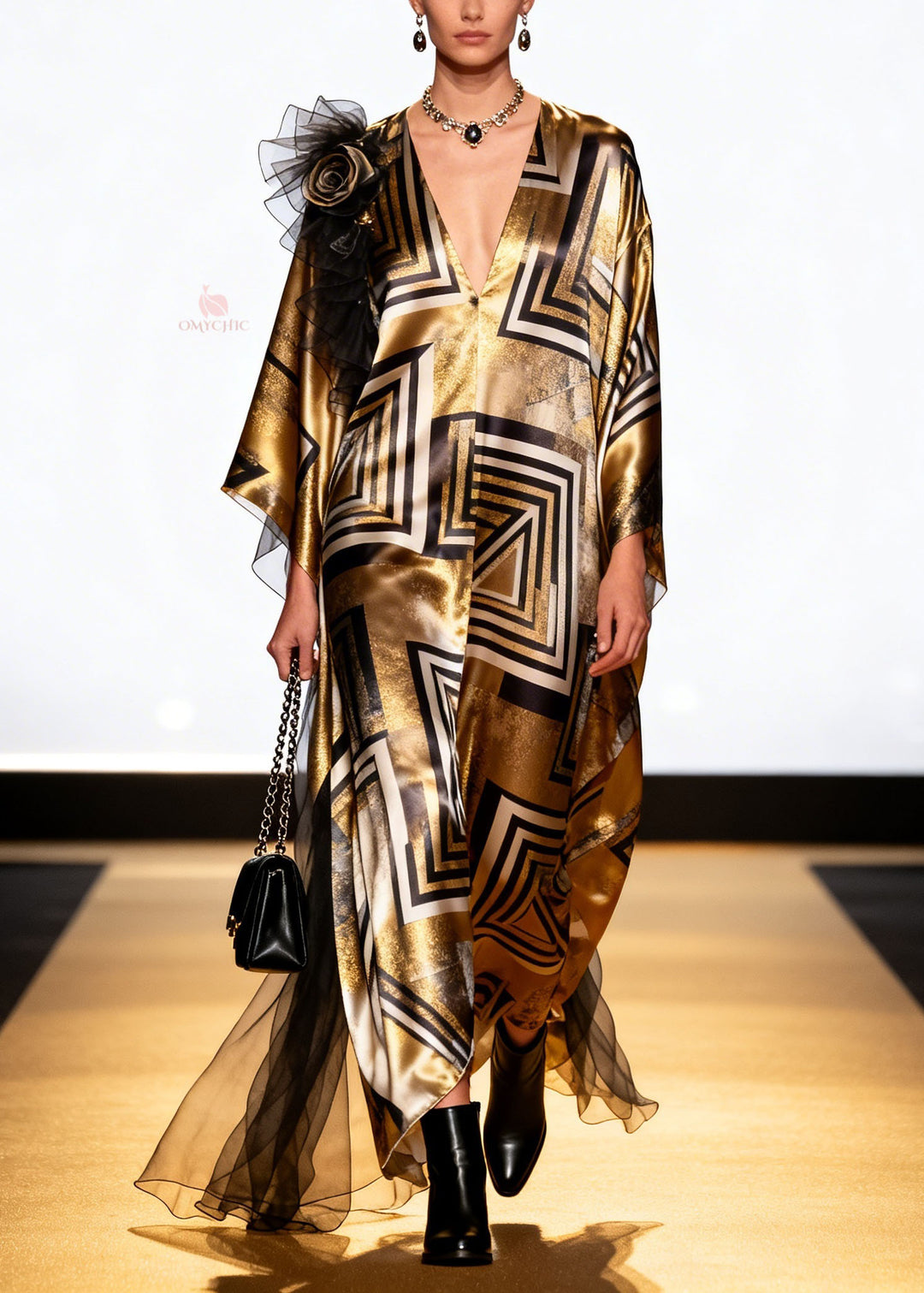 Loose V Neck Print Floral Patchwork Silk Long Dress Spring