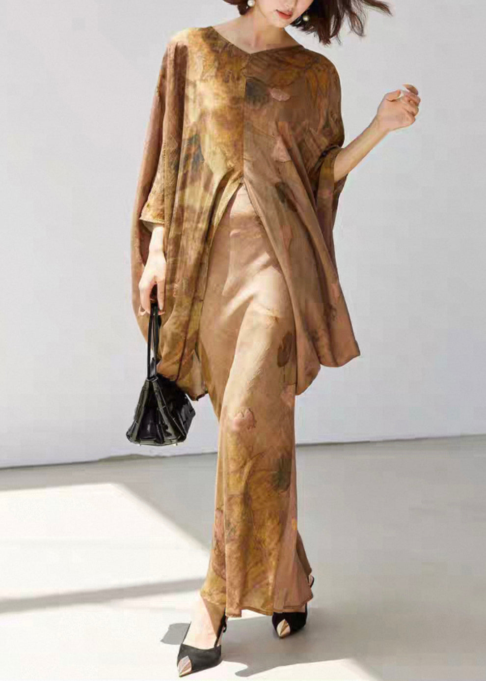 Loose V Neck Print Front Open Silk Cotton Two Pieces Set Fall