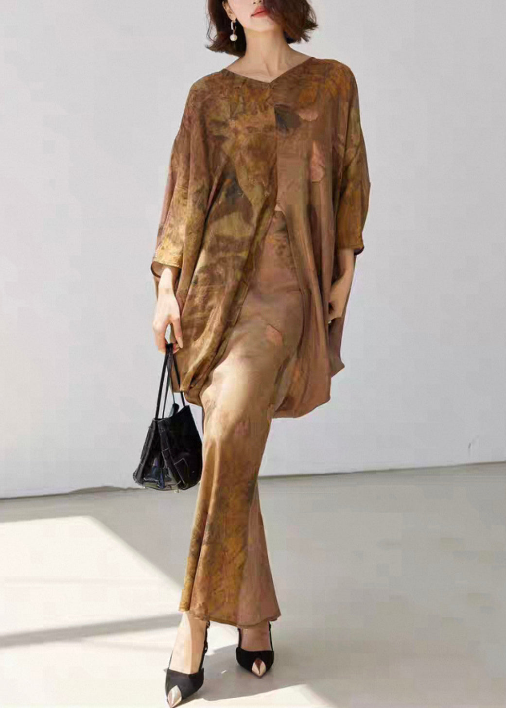 Loose V Neck Print Front Open Silk Cotton Two Pieces Set Fall
